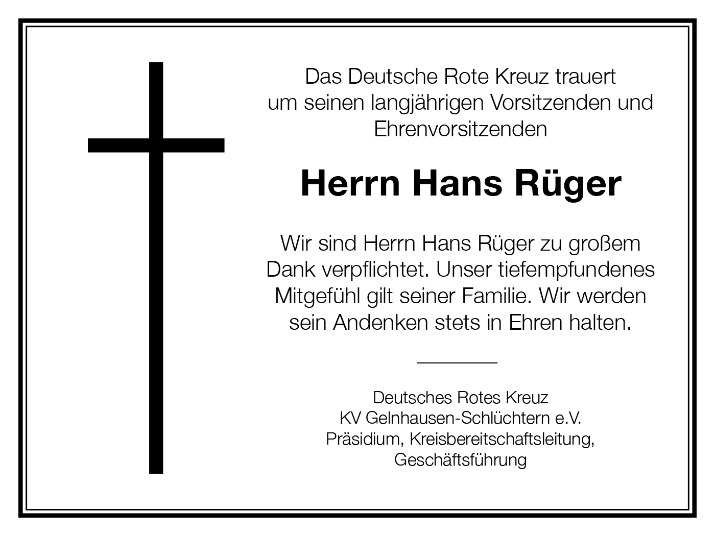 Nachruf Herr Hans Rüger